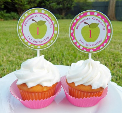 Green Apple Pink Chevron Party Cupcake Toppers 