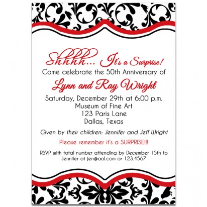 Black Damask Surprise Party Invitation - Red
