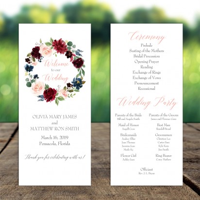 Burgundy and Blush Wreath 4x9" Program