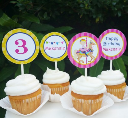 Girl's Carousel Birthday Party Cupcake Toppers by That Party Chick