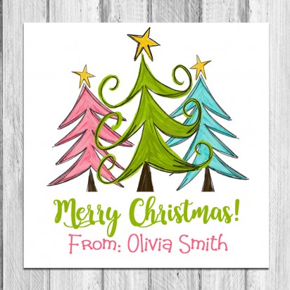 Pink, Teal, Green Christmas Trees 2.5" Christmas Gift Tags