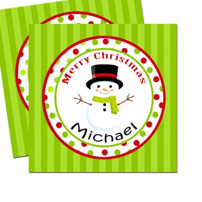 Snowman with Green Stripe Background 2.5" Christmas Gift Tags