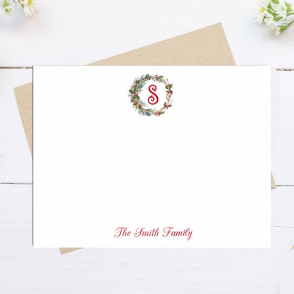 Christmas Wreath Red Personalized Note Cards