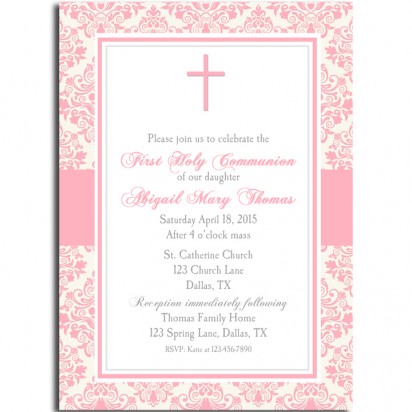 Communion Cross and Pink Damask Invitation