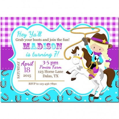 Purple Aqua Cowgirl on Pony Invitation