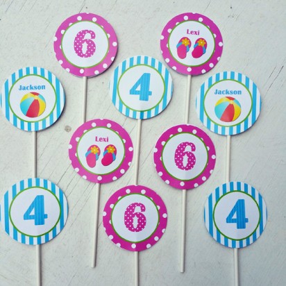 Sibling Pool Party Cupcake Toppers