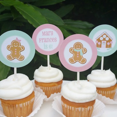 Christmas Gingerbread House Decorating Party Cupcake Toppers 