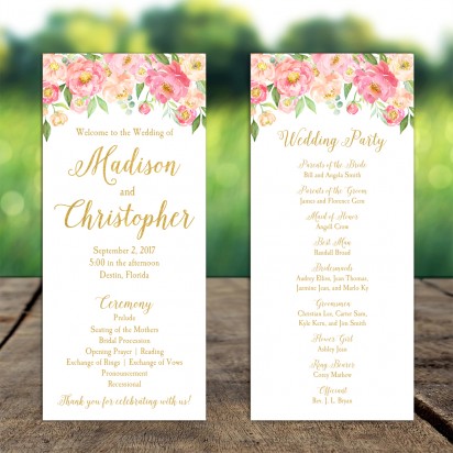 Floral Blush Coral Gold 4x9" Wedding Program