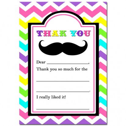Girl's Mustache Bash Party Thank You Notes