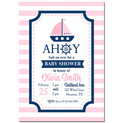 Sailboat Baby Shower Party Invitation - Preppy Girl Nautical