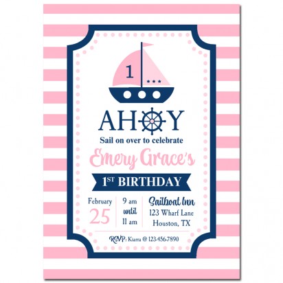 Sailboat First Birthday Party Invitation - Preppy Girl Nautical