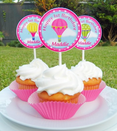 Pink Hot Air Balloon Girl Cupcake Toppers
