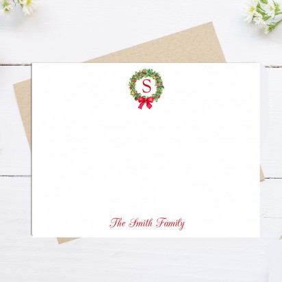 Christmas Wreath Red Bow Personalized Note Cards