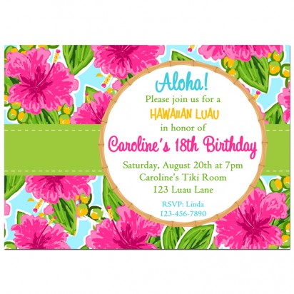 Luau Pink Hibiscus Invitation - Watercolor Luau