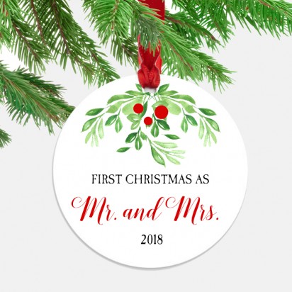 Mr. and Mrs. Holly/Mistletoe Ornament with ANY Wording