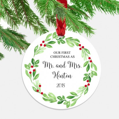 Mr. and Mrs Wreath Ornament with ANY Wording