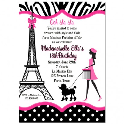 Paris Party Invitation - Eiffel Tower Girl Walking Poodle