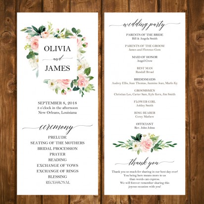 Pink Floral Blush Square Frame 4x9" Wedding Program