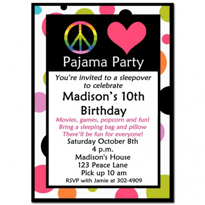 Sleepover Party Invitation - Peace, Love and Pajamas