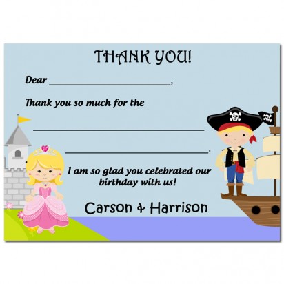 Pirate and Princess Sibling Birthday Party Thank You Notes 