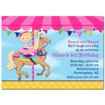 Girl's Carousel Birthday Party Invitation 