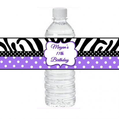 Purple Polka Dot Zebra Personalized Water Bottle Labels