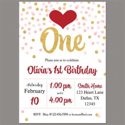 Valentine Confetti First Birthday Party Invitation