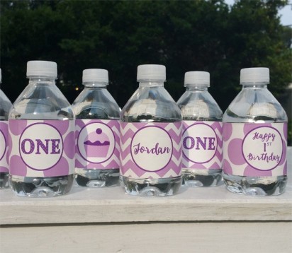 Purple Chevron Dots Personalized Water Bottle Labels 