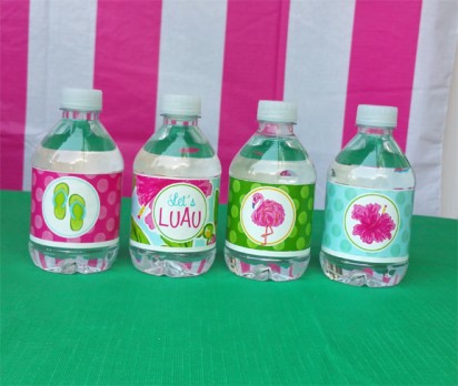Luau Pink Hibiscus Water Bottle Labels- Watercolor Luau