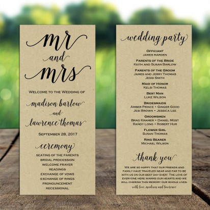 Mr and Mrs Kraft 4x9" Wedding Program