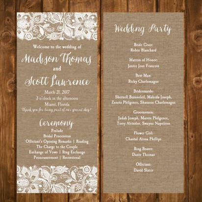 Burlap and Lace - Kraft Paper 4x9" Wedding Program