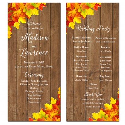 Fall Leaves and Wood 4x9" Wedding Program