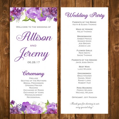 Purple Floral 4x9" Wedding Program