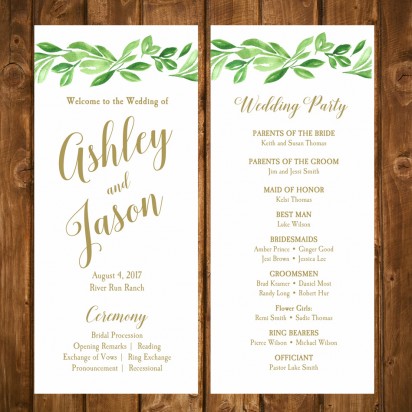 Greenery and Gold 4x9" Wedding Program