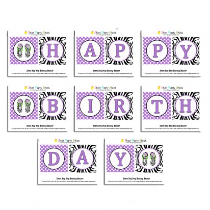 Pool Flip Flops  "Happy Birthday" Banner - Purple Zebra