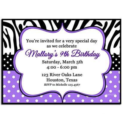 Purple Polka Dot Zebra Party Invitation