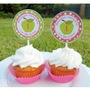 Green Apple Pink Chevron Party Cupcake Toppers 