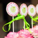 Green Apple Pink Chevron Party Cupcake Toppers 